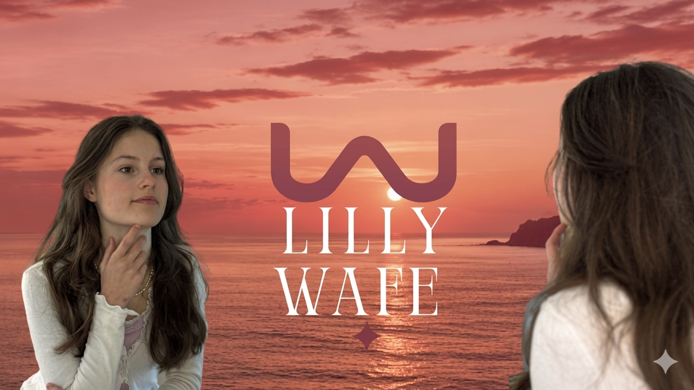 Lilly Wafe vor einem Sonnenuntergang am Meer